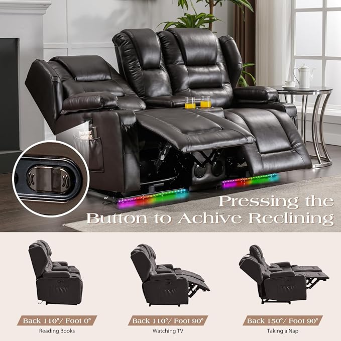 Loveseat Power Recliner Sofa Couch Electric Reclining Sofa Chair for Living Room with Multi-Function Console/Cup Holders/LED Ambient Light