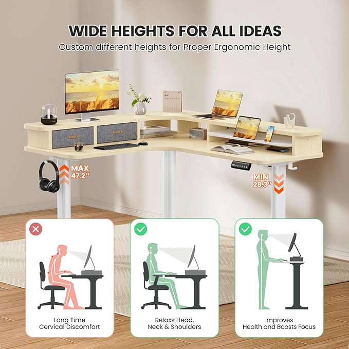 Flycity Electric L Shaped Standing Desk with Drawers 63 x 55 Corner Standing Desk Adjustable Height Stand Up Home Office Desk Dual Motor Sit Stand Desk with 3 Memory Preset &amp Lock Maple