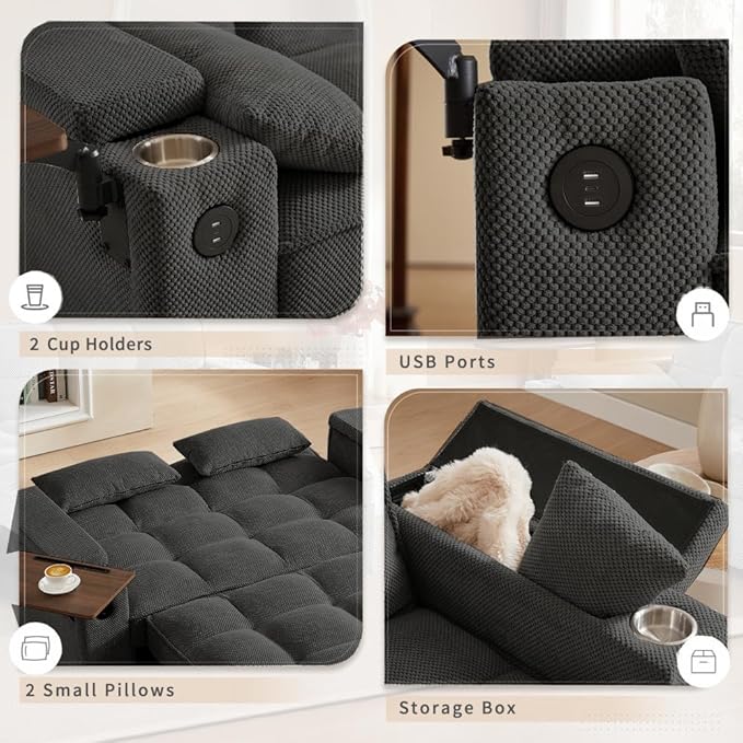 65'' Convertible Sleeper Sofa Bed with Adjustable Backrest Chaise Lounge Side Table &amp USB/Type-C Ports – Stylish &amp Functional Addition to Any Living Room (Black Sofa-1)