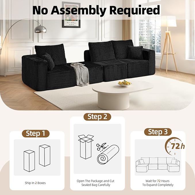 98 Modular Sectional Sofa L-Shaped 3 Seater Boneless Couch with Ottoman Modern Cloud Sectional Couch Deep Seat Sofa for Living Room Bedroom Apartment No Assembly Required Black
