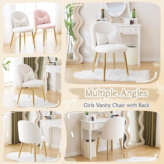 VINGLI Boucle Girls Vanity Chair with Back &amp PillowCute Small Cozy Desk Chair No WheelsComfy Makeup Ch with Ajustable Gold Legsfor BedroomLiving RoomSmall SpaceWhite