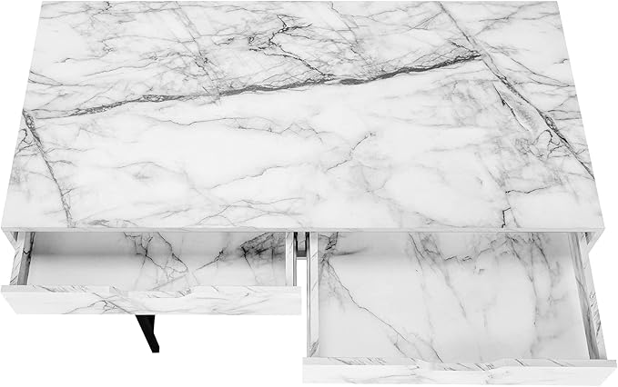 Computer Desk Home Office Laptop Storage Drawers 48 l Work White Marble Look Laminate Black Metal Contemporary Modern