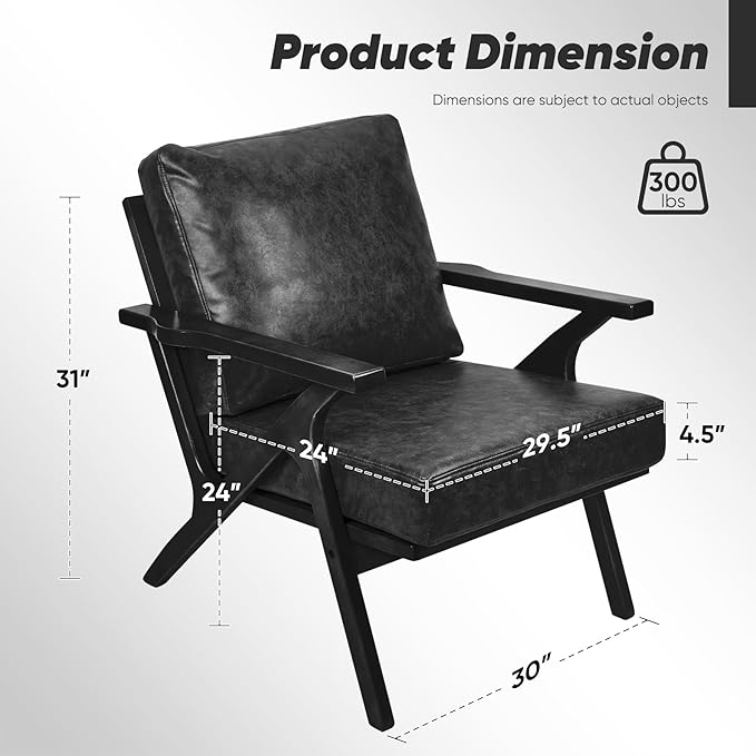 Mid-Century Modern Accent Chairs PU Leather Fabric Thicker Upholstered Armchair 1PCS for Bedroom Living Room-Black