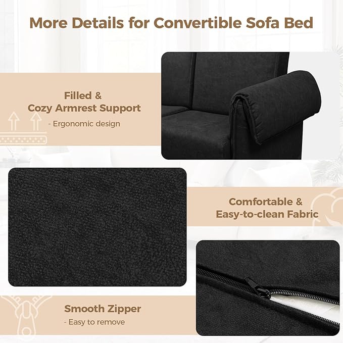 FHFO 65 Loveseat Sleeper Couch for Small Spaces 3 in 1 Pull Out Sofa Bed Convertible Sleeper Sofa Comfy Sofabed for Living Room Bedroom Apartment (Black)