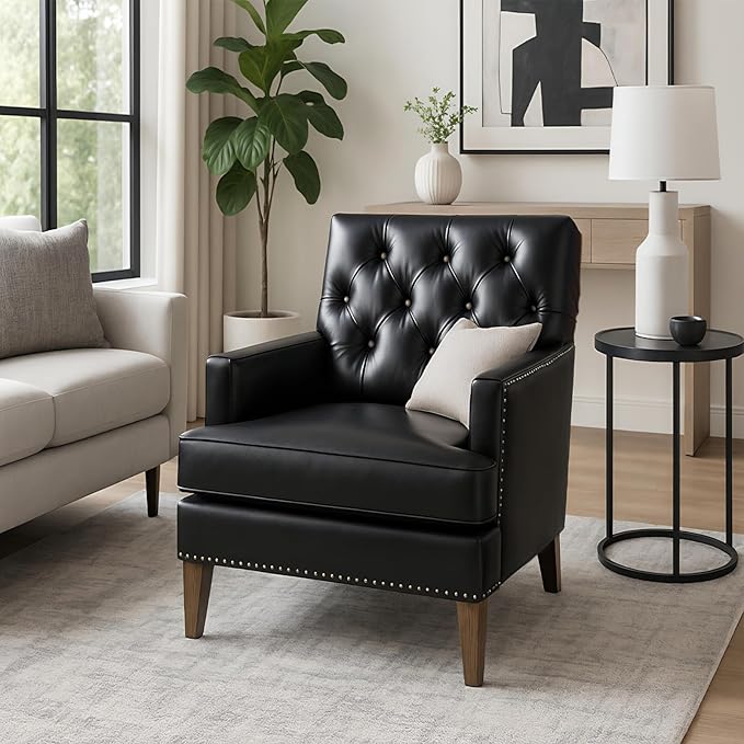 CONSDAN Leather Accent Chair Living Room Chair with Soft High-Resilience Cushion Leather Armchair with Button Tufting and Nailhead Trim Black