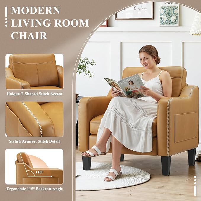 PU Leather Accent Chair Set of 2 Mid-Century Modern Living Room Armchair Sofa with Removable Cushions Solid Wood Frame &amp Stitched Armrest Design Bedroom Chair with Plastic Legs Brown