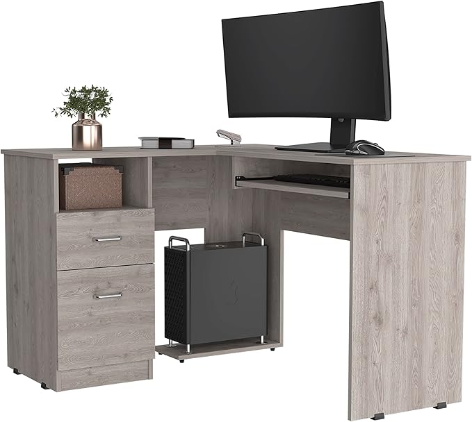 Light Grey L-Shaped Desk with 2 Drawers &amp Shelf - Spacious Work &amp Storage Space - Modern &amp Stylish Home Office