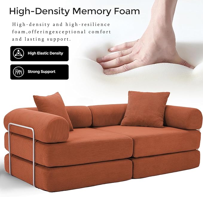 Convertible Modular Couch Sofa Bed 4 in 1 Sleeper Floor Sofa with Folding Mattress Corduroy Fold Out Boneless Couch Bed with 2 Pillows Comfy Foldable Lounge for Living Room Bedroom Orange