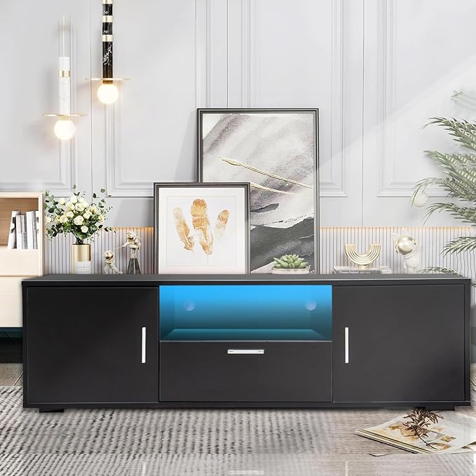 Modern TV Stand for 55 Inch TV – Black Entertainment Center with LED Lights &amp Spacious Storage Cabinets Sturdy Media Console for Family Living Room or Bedroom