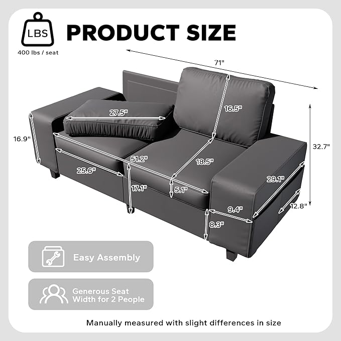71 Leathaire Loveseat Couch 2 Seater Retro Sofa with 4 Side Pockets Removable and Washable Cushions Living RoomApartment Office (Dark Grey)