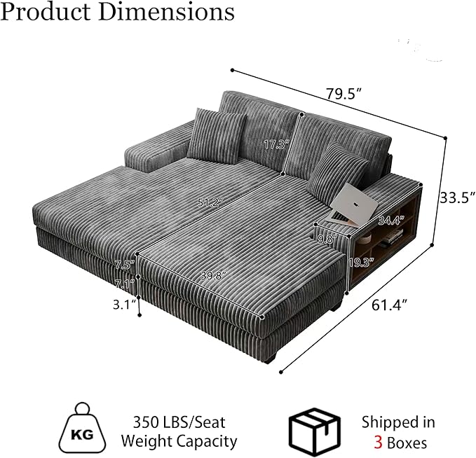 79.5 Oversized Double Chaise Lounge Chair Indoor Modern Upholstered Sleeper Sofa Bed with 2 Storage Armrests &amp Throw Pillows Comfy Fluffy Corduroy Couch for Living Room (Grey 79.5 Double Chai