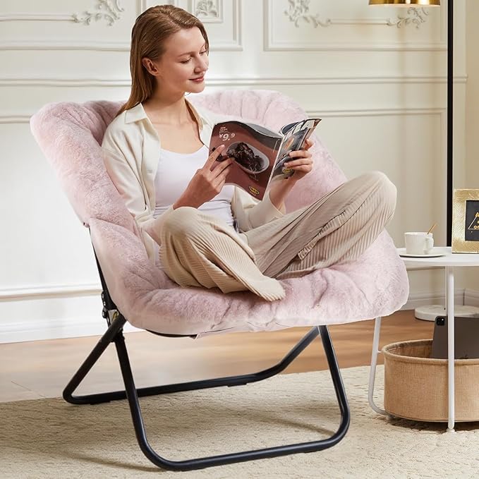 Simple Deluxe Oversized Square Moon Chair for Adults Soft Faux Fur Folding Lounge Chair with Sturdy Steel Frame Comfortable Reading Gaming Chair for Living Room Bedroom Pink
