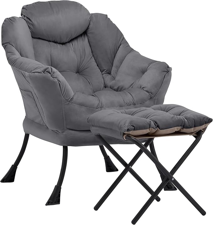 Lazy Chair with Ottoman Comfy Accent Lounge Chair with Side Pocket Modern Reading Armchair with Footrest Upholstered Sofa Chair for Small Spaces Bedroom Living Room Dorm Darkgrey