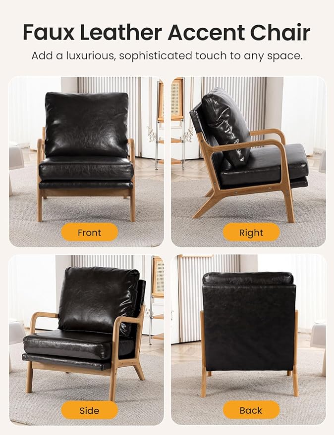 Mid Century Modern Accent Chairs for Living Room 23” Wide Comfy Chair for Bedroom Small Cozy Leather Reading Chairs for Adults 108° Lounge Arm Chair Indoor with Detachable Cover 5.5 Foam Cushion