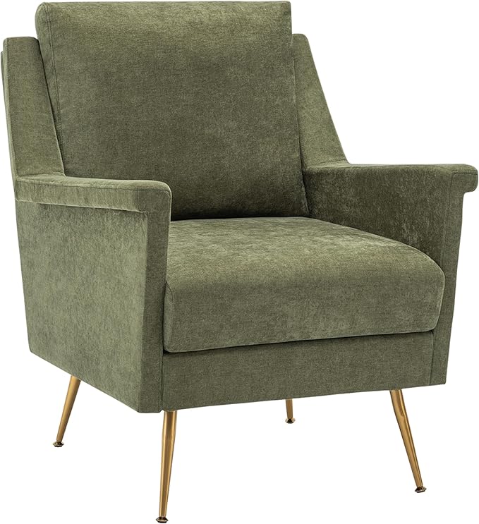 Accent Chair Mid Century Modern Living Room Chairs with Gold Metal Legs Green Wingback Arm Chairs for Bedroom Fabric