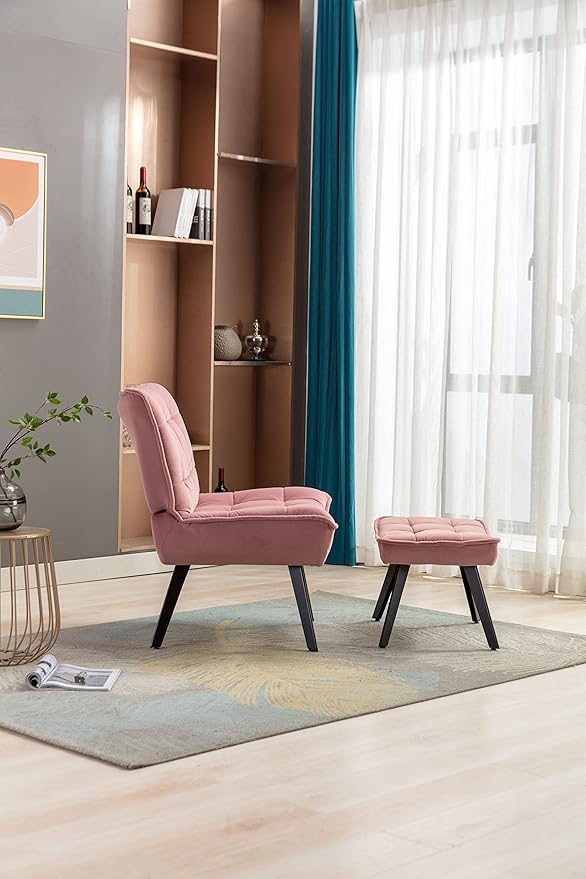 Modern Soft Velvet Fabric Material Large Width Accent Chair Leisure Chair Armchair TV Chair Bedroom Chair with Ottoman Black Legs for Indoor Home and Living RoomPink
