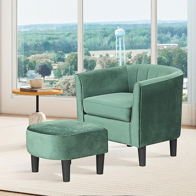 GOFLAME Accent Chair with Ottoman Modern Velvet Fabric Barrel Chair with Footrest Curved Backrest Removable Seat Cushion Upholstered Club Tub Sofa Reading Armchair for Living Room Bedroom Green