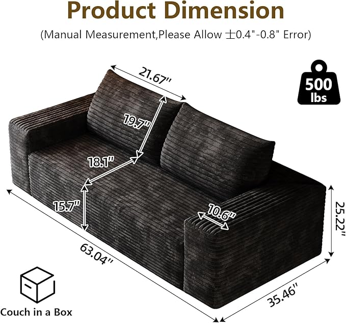 63 Boneless Loveseat Sofa - Cloud Couch with Memory Foam Comfy Deep Seat - Corduroy Floor Sofa No Assembly Required - Small Space Friendly for Living Room Bedroom Apartment Black