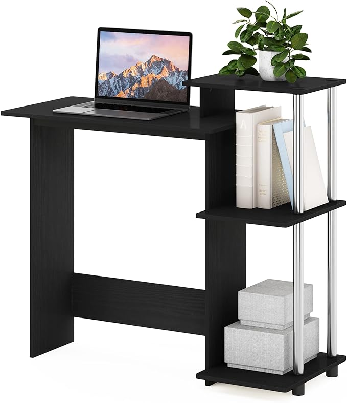 Furinno EFFICIENT Desk 28.6 Wide Gaming Desk with 3 Open Side Shelves Laptop Notebook Computer Desk Office Desk for Home Office Study Room Dorm Bedroom Americano/Stainless Steel