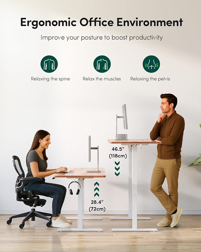 CubiCubi 32 x 20 Small One-Piece Standing Desk Adjustable Height Electric Computer Sit Stand up Home Office Workstation with 4 Memory Presets Headphone Hook Light Rustic