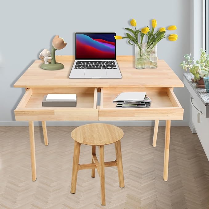 Eapmic Solid Wood Writing Desk Computer Table Study Desk with Drawers Small Space Home Office Workstation Freestanding Wooden Study Table for Bedroom Apartment Dorm Minimalist Design (BurlywoodB)