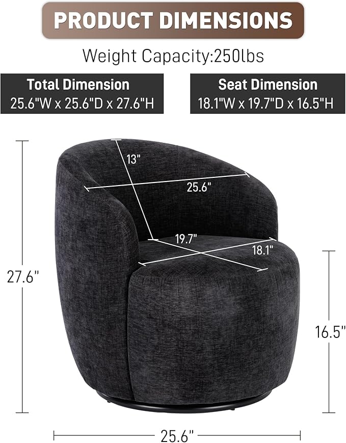 Swivel Barrel Chair Set of 2 360 Degree Boucle Swivel Accent Chair Upholstered Chenille Round Armchair Modern Small Reading Lounge Chair for Living Room Bedroom Office Black Chenille
