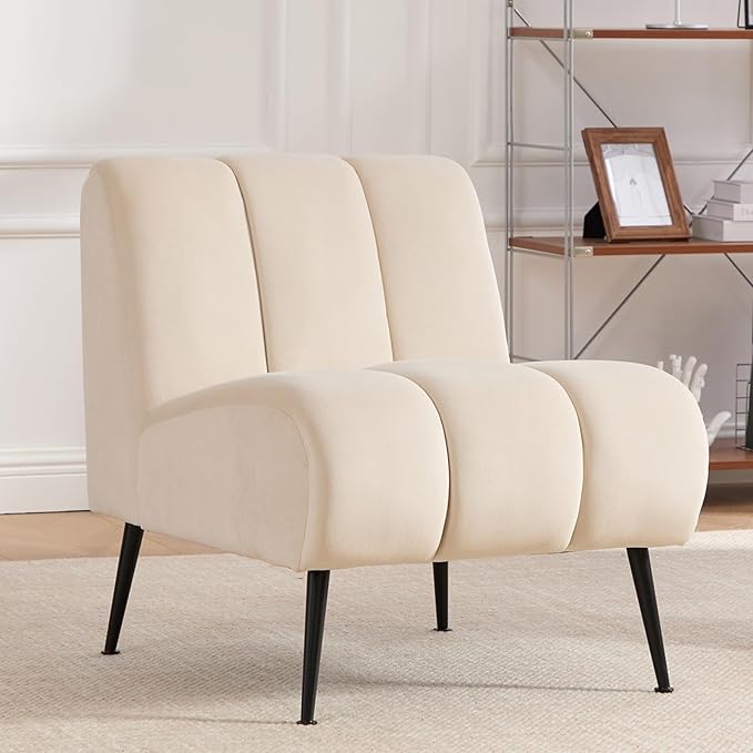 Modern Accent Chair Velvet Upholstered Fuzzy Club Chairs with Tufted Design Comfy Living Room Chair with Metal Legs Padded Reading Chair for Reading Room (Beige-Velvet)