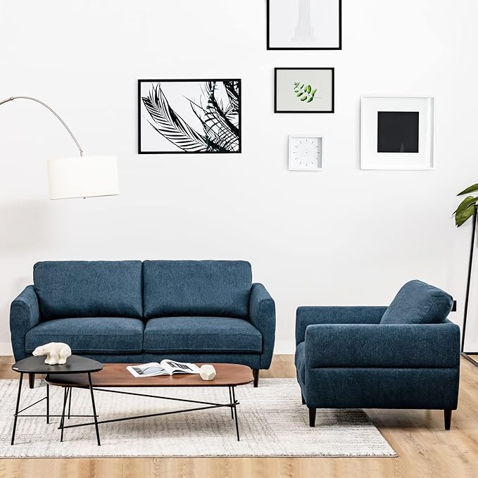 Giantex Loveseat and Armchair Set Upholstered 2-Seat Couch and Single Sofa with Solid Wood Frame Mid-Century Modern Furniture for Living Room Small Spaces Bedroom Apartment Reception Room Blue