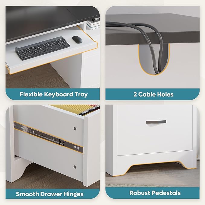 Bestier 59” Computer Desk with 4 Drawers Office Desk with Storage Modern Executive Desk with Charging Station Keyboard Tray &amp Wooden Pedestals on Both Sides for Home Office &amp Studio White