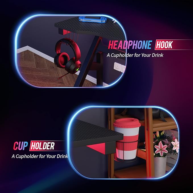 BestOffice | 47 Gaming Desk | Red | Carbon Fiber Textured Computer Desk | Sturdy Steel Frame Cup Holder Headphone Hook Cable Management Holes Adjustable Leg Pads | for Gamers Home Office