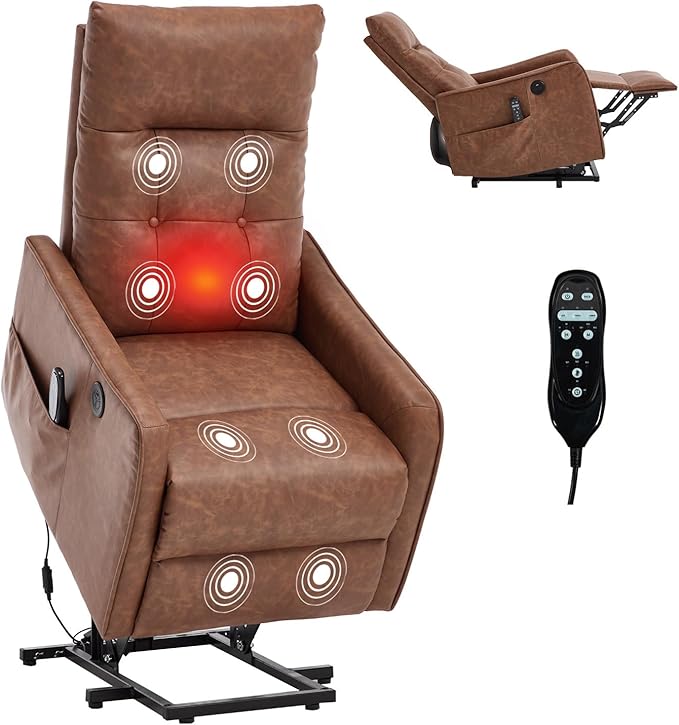 Small Power Lift Chair Recliner for Elderly Petite Power Recliner Chair with Massage and Heat | USB | High Back | Push Button | Side Pockets Liviing Room Easy Assembly (PU Leather Light Brown)