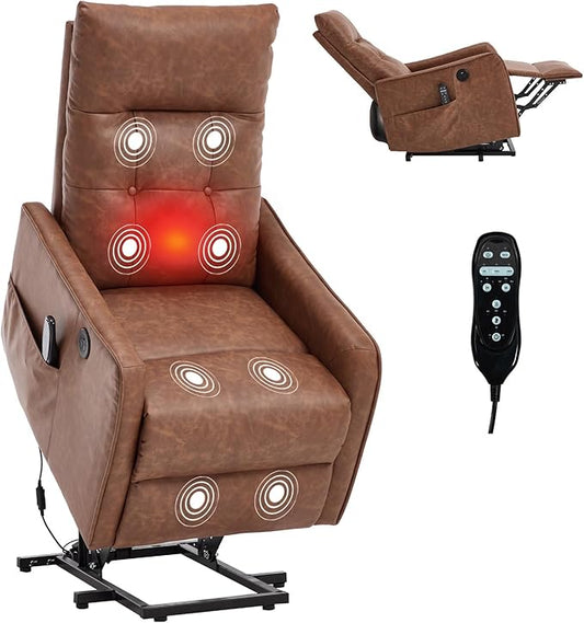 Small Power Lift Chair Recliner for Elderly Petite Power Recliner Chair with Massage and Heat | USB | High Back | Push Button | Side Pockets Liviing Room Easy Assembly (PU Leather Light Brown)