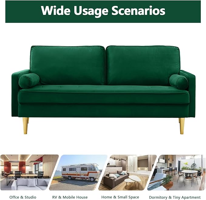 65 Love Seat Sofa Velvet Small Sofa Small Couch for Bedroom Living Room Bedroom Loveseat with 2 Pillows Gold Legs Modern Tufted Seat Upholstered Seating for Office Apartment (Green)
