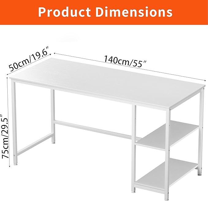 JOISCOPE Home Office Desk with Double Reversible Side Shelves and Headphone Hooks Computer Desk for Working Gaming Studying 55 inches White