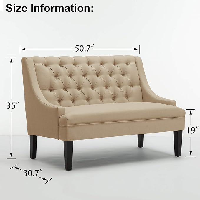 Tongli 50 Small Modern Loveseat Settee Sofa Linen Fabric 2-Seat Sofa Couch Tufted Love Seat Dining Bench with Back Upholstered Banquette Sofas for Living Room Bedroom Small Space Entryway Tan