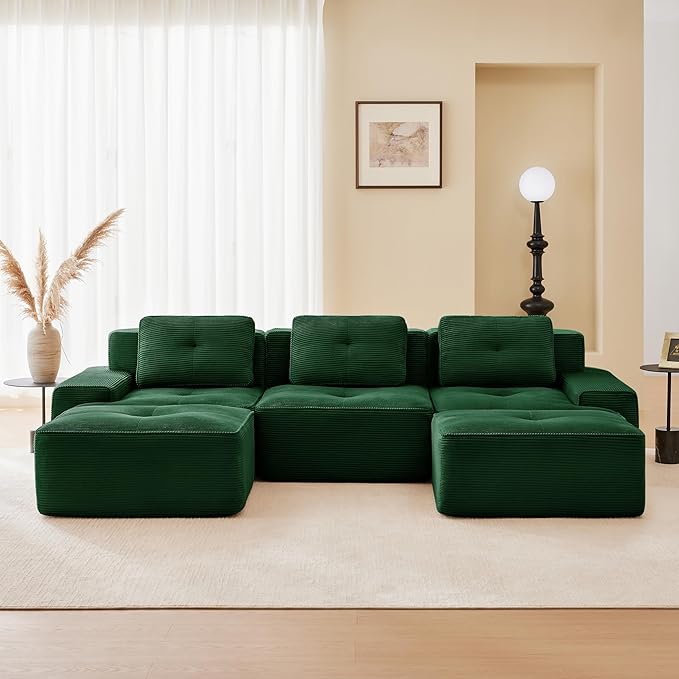  117 U Shaped Modular Boneless Sofa Couch for Living Room Green Sectional Large Sofa with Corduroy Fabric 3-Seater Tufted Couch with Deep Seat and Movable OttomanNo Assembly