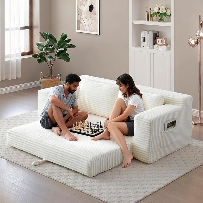 73 Memory Foam Cloud Loveseat Sofa 2 in 1 Convertible Folding Couch Bed Compressed Corduroy Floor Lounge Sofa No Assembly for Apartment Office Bedroom Living Room (Beige)