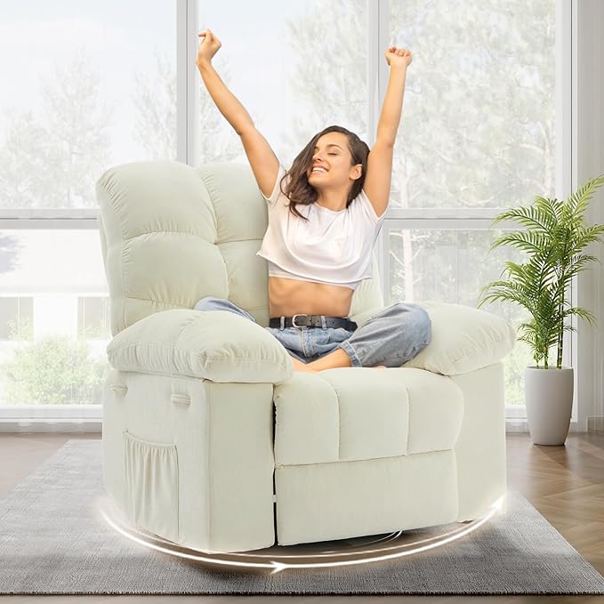 Oversized Swivel Rocker Recliner Chair for Adult360° Swivel Rock Recliner Extra Wide Manual Recliners Chenille Upholstery Overstuffed Soft Rocking Sofa ChairBeige