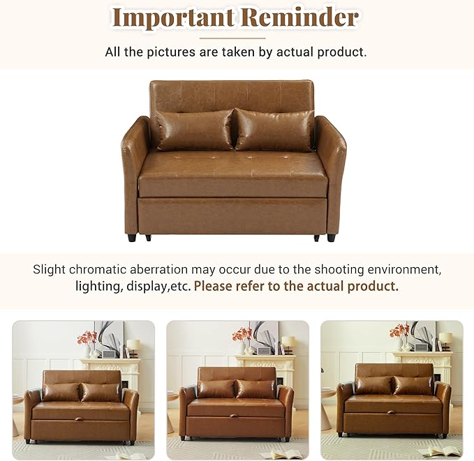 Brown Convertible Sofa Bed 3-in-1 Sleeper Sofa with Pull-Out Bed PU Leather Futon Couch with Adjustable Backrest USB Port for Living Room Bedroom Apartment RV (Brown)