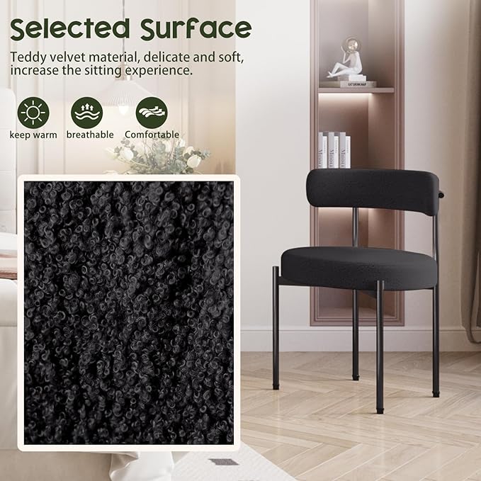 Boucle Dining Chairs Set of 6 Teddy Upholstered Dining Room Chairs Kitchen Chair with Metal Legs Mid Century Modern Chair for Dining Room Kitchen (Black Frame+Black 6)