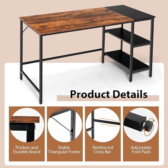 Tangkula 55” Computer Desk Large Home Office Desk with 2-Tier Storage Shelves Modern Laptop PC Desk with Heavy-Duty Steel Frame Multipurpose Writing Desk Study Desk (Rustic Brown)