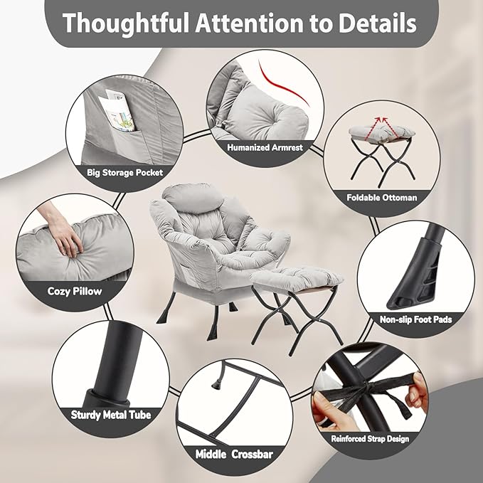 Lazy Chair with Folding Ottoman Accent Chair Velvet Upholstered with Metal Structure and Non-Slip Pads Sofa Armchair with Footrest and Side Storage Bag for Dorm Room Office Light Gray