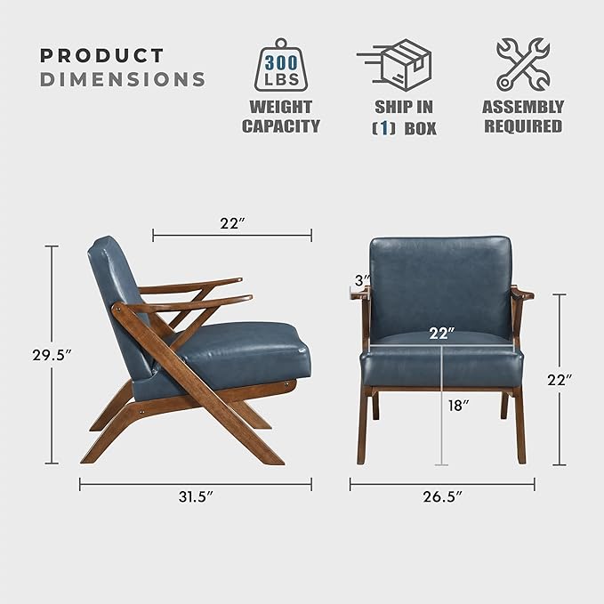 Lexicon Mid Century Modern Accent Chair Faux Leather Upholstered Lounge Seat Brown Finish Solid Wood Framed Comfy Side Chair for Living Room/Bedroom/Office/Waiting Area Blue