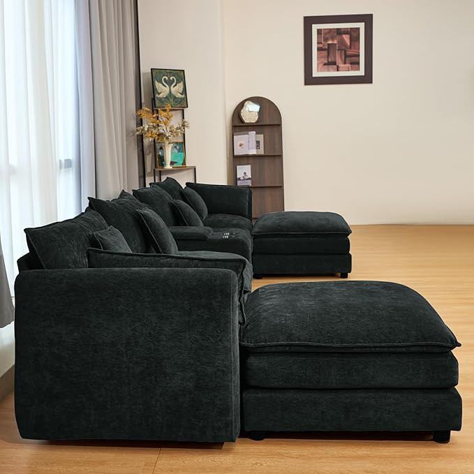 Oversized L-Shaped Modular Sectional Sofa with Storage Armrest Reversible Couch with Movable Ottoman USB Ports Cup Holders 360°Swivel Tray Comfy Cloud Cushions for Living Room (Black 144.49)