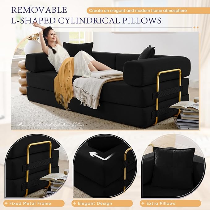 Convertible Folding Sofa Bed Corduroy Sleeper Mattress Couch with Fixed-Shape Frame Free Combination Loveseat Lounge Floor Sofa Queen Size Memory Foam Couch for Living Room Bedroom Carbon Black