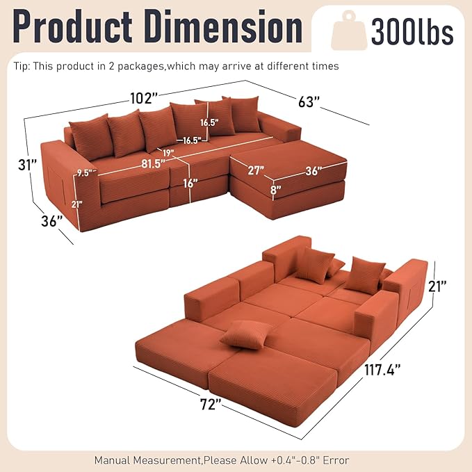 102 Upgraded L-shaped Modular Sectional Couches for Living Room Convertible Oversized Sleeper Sofa Bed-Luxury 1.5 Queen Bed. 11-in-1 Multifunctional Corduroy Boneless Folding Futon Couch Orange.