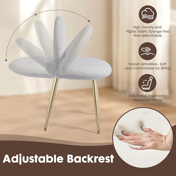 Vanity Chair with Adjustable Backrest Boucle Upholstery Armless Makeup Stool Gray Sherpa Vanity Stool with Gold Metal Legs for Bedroom Living Room Kitchen Dinning Room(Gray)