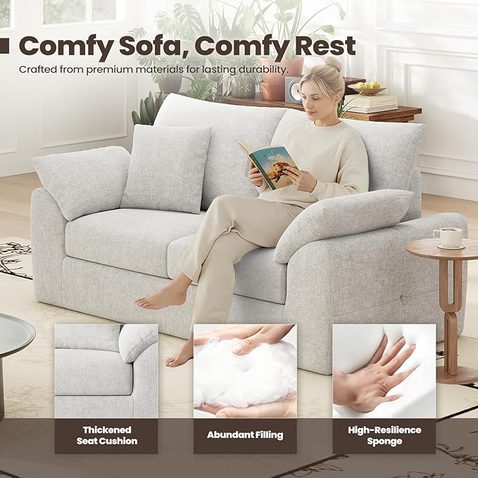 76 Boneless Loveseat Sofa Cloud Foam Couch 3 Seater Upholstered Midcentury Mondern Love Seat Wide Armrest and 4 Pillows for Home Living Room/Small Spaces No Assembly Required Beige