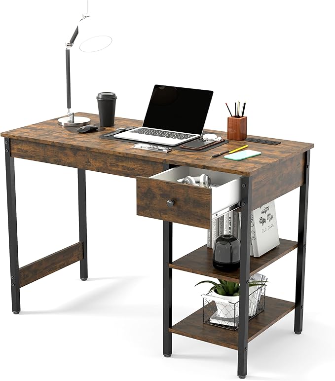 Manora 43 Inch Computer Desk with Drawers and Power Outlet Home Office Computer Tables for Laptop with Open Shelves Small Desk for Small Spaces Rustic Brown