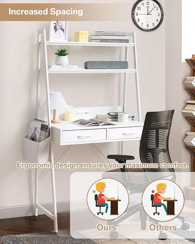 KATHY&ampBOB Small Home Office Study Desk - Freestanding Ladder Design with Fabric Drawers &amp Side Bag - Modern Vanity Makeup Desk - 2 Tier Shelf &amp Computer Gaming Station (White)